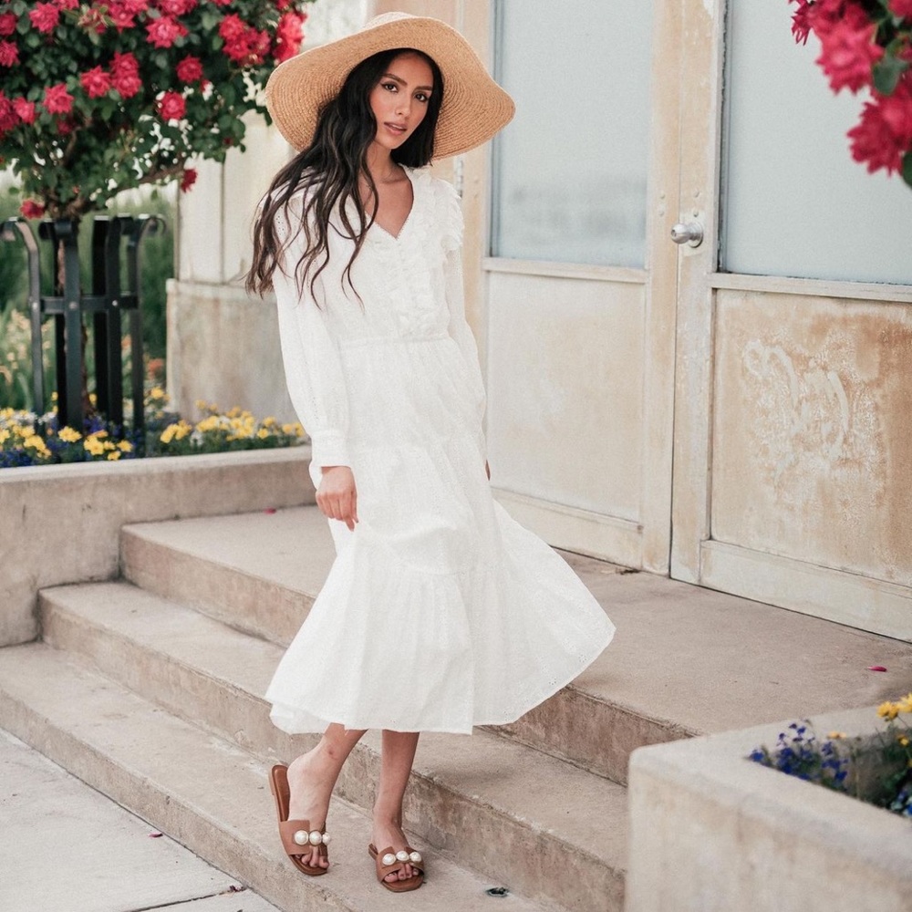 White Chantilly Eyelet Dress Dainty Long Sleeve Long Feminine Elegant